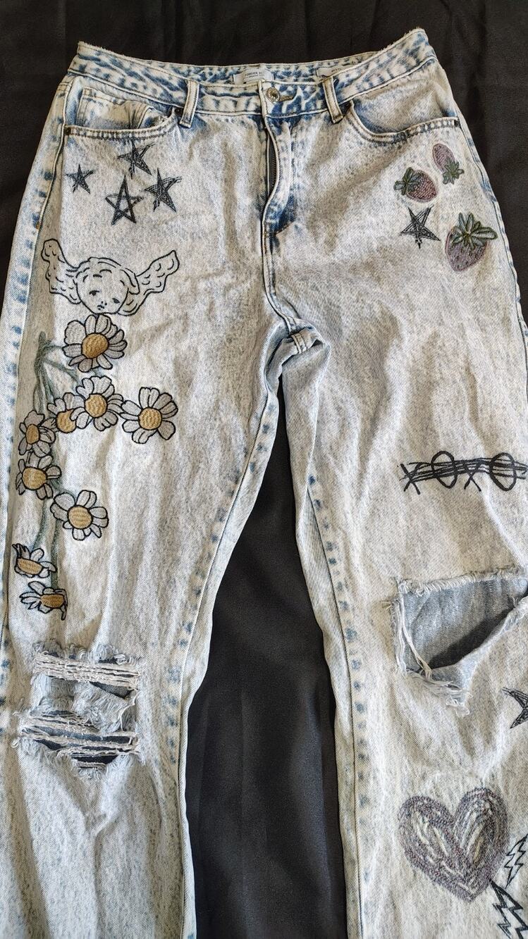 Acid Wash Women's Patchwork High-Rise Wide-Leg Y2K Grunge Jeans Size 31 (US 12)